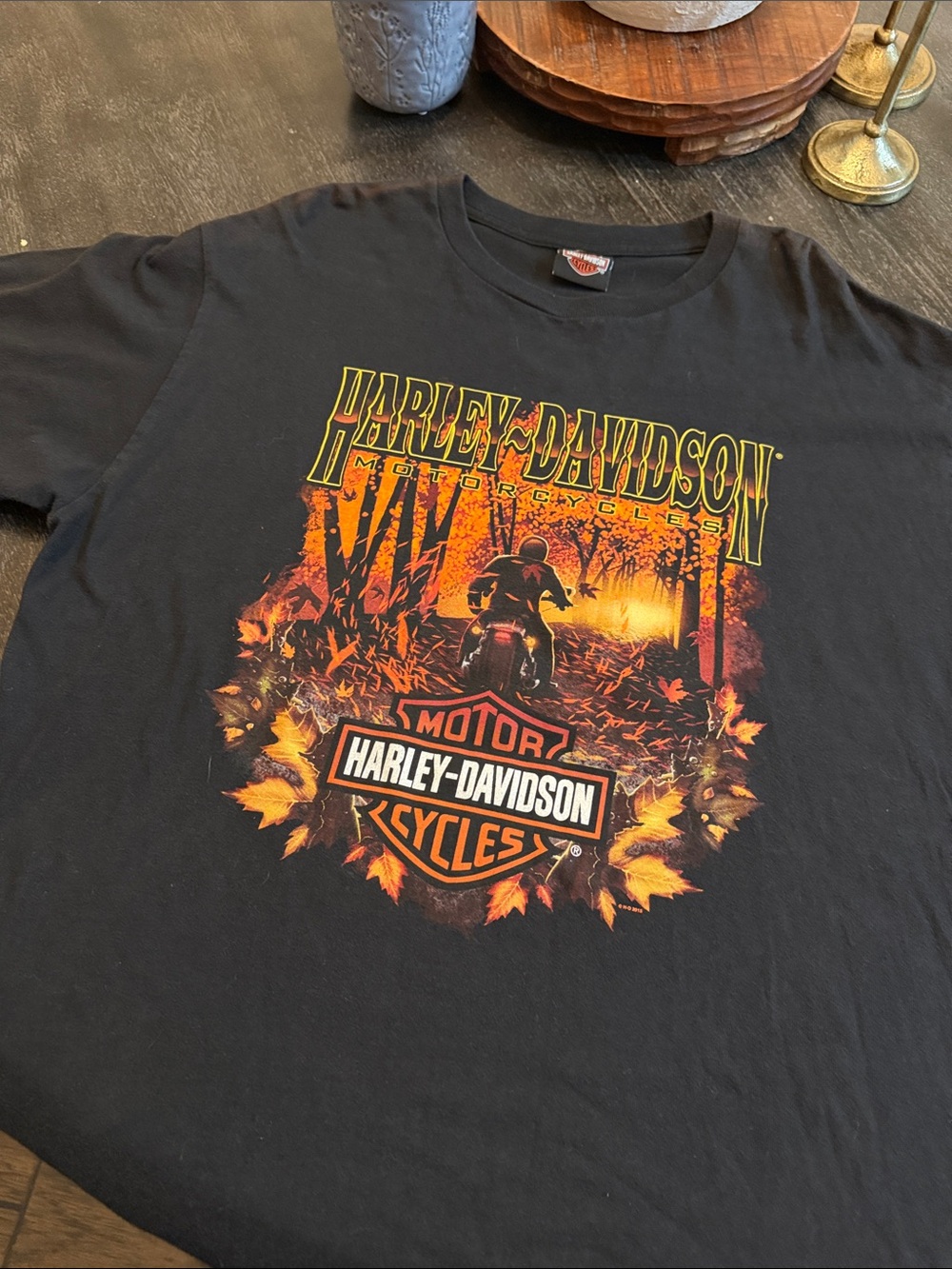 Harley-Davidson Black Tee with Orange & Yellow Autumn Motorcycle Graphic